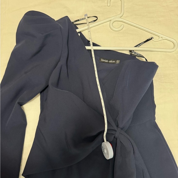 lavish alice puff sleeve asymmetric midi dress in navy - Picture 7 of 8